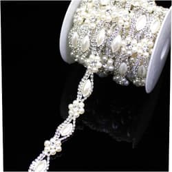PEARLY JUN 1 Yard Pearl Rhinestone Trim Chain Silver String Crystal Applique Fringe Ribbon Strips Beads Sewing Dress DIY Party Wedding Bouquet for Decoration Bridal Costume Embellishment