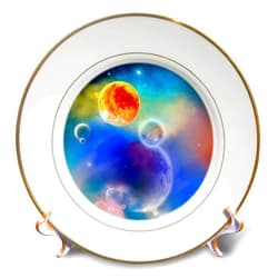 3dRose 8 inch Porcelain Plate - A Space scenario with Stars, sun and planets - new solar system Simone Gatterwe Desings Science Fiction Space