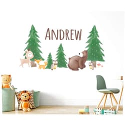 BIM-BIM Personalized Jungle Name Wall Decal - Woodland Wall Decals - Nursery Wall Decals - Large Woodland Animal Stickers for Kids Bedroom Forest Trees Wall Decals Art Mural Vinyl Decor Sticker