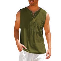 BYQ Men's Cotton Linen Tank Tops Casual Summer Linen Beach Shirts Loose Fit Sleeveless Hippie Viking Tunic, Army Green, XX-Large