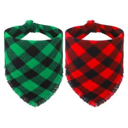 SCENEREAL Dog Christmas Bandana 2 Pack, Reversible Red & Green Buffalo Plaid Puppy Scarf with Tassels Edges for Boy and Girl, Adjustable Holiday Xmas Pet Bib for Small Medium Large Dogs Cats XL