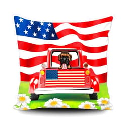 MALIHONG July 4th Throw Pillow Cover Peeking Dog Boston Terrier in Red Retro Truck USA Flag Background Daisy Short Plush Pillowcase for Sofa Bed 18x18 Inch