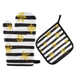 susiyo Gold Snowflakes Stripes Oven Mitt and Potholder Set, Heat Resistant BBQ Gloves Kitchen Accessories for Cooking Grilling Baking