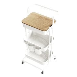 DTK 3 Tier Rolling Utility Cart with Cover Top Board, Movable Kitchen Storage Cart Trolley with Lockable Wheels, Cups, Hooks for Kitchen Bathroom Home Office Art Craft Storage and Organization(White)