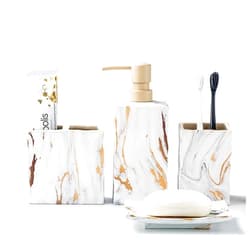 RQYIXI Bathroom Accessories Set 4 Pcs Marble Look Sets Toothbrush Holder Soap Dispenser Counter Top Ceramic Bathroom Decor Set Gold