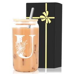 Yekidos Monogrammed Glass Drinking Cup With Lid Straw Comfort Gifts Woman Customized Coffee Cup Regalos Para Mujer Teen Girl Gifts Trendy Stuff Iced Glass Tumbler Must Haves For Women Apartment Essentials
