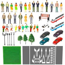 Sratte 64 Pcs Model Train Scenery Accessories 1: 50 Scale Painted Figures Miniature People Figurines Mini Architectural Model Cars Trees Lamps Bench Lawn for Micro Scene Projects