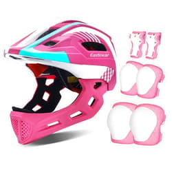 EASTINEAR Kids Full Face Bike Helmet with LED Light + Kids Knee Elbow Pads Wrist Guards for Ages 3-8 Boys Girls Bicycle Skate (Pink)