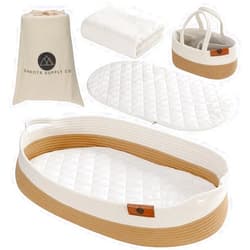 DAKOTA SUPPLY CO Baby Changing Basket, Moses Diaper Bassinet with foam pad, 2 waterproof covers, blanket, diaper caddy storage organizer, table/dresser/nursery topper, portable Boho station for tables, woven rope tray