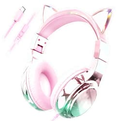 QearFun Kids Cat Ear Headphones with USB C for Girls with Microphone, 85/94dB Safe Volume Limiter, Tangle-Free Cord, Share Port, Foldable Sparkly Wired Headset for School, Travel, Tablet, iPad