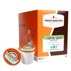 Fresh Roasted Coffee, Fair Trade Organic Ethiopian Sidamo Water Processed Half-Caf, Kosher | 24 Pods for K Cup Brewers