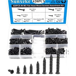 Sunxeke 420PCS Black M3 Flat Head Short Wood Screws Assortment Fasteners Kit,Carbon Steel Phillips Head Self-Tapping Screws Drywall Nail with M6 Screw Anchors (20pcs)