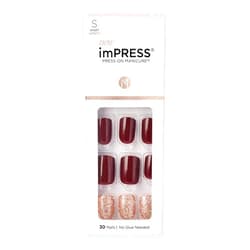 ImPRESS KISS imPRESS No Glue Mani Press On Nails, Design, No Other', Red, Short Size, Squoval Shape, Includes 30 Nails, Prep Pad, Instructions Sheet, 1 Manicure Stick, 1 Mini File