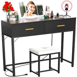 Girapow Vanity Desk with Power Outlets and Lights, 36'' Makeup Vanity with Tri Fold Lighted Mirror, Cyan Vanity Set with Drawers, Vanity Table with Cushion Stool, Small Makeup Table for Bedroom, Black