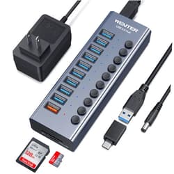 WENTER Powered USB Hub 3.0 with SD/TF Card Reader, Aluminum 10 Port Powered USB Hub (9 USB 3.0 Data Transfer Port & 1 USB Fast Charging Port Hub) USB 3.0 Hub for PC, Laptop