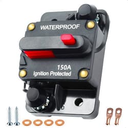 BFXM 150 amp Circuit Breaker, Manual Reset Inline Fuse Waterproof Circuit Breaker for Car Marine Trolling Motors Solar System, 12V-48VDC with Wire Lugs Copper Washer