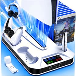 Kammkonb PS5/Slim/Pro Cooling Station with Controller Charging Station for Sony Console Playstation 5 Slim&Standard Disc/Digital Console, PS5 Pro Stand Cooler Accessories Incl Cooling Fan/3 USB Hubs