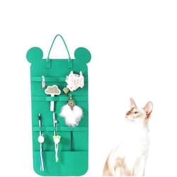 BAMY Cat Wand Toy Storage Bag Cat Teaser Wand Holder with Thickened Felt for Neatly Organizing Cat Toys Bear Design Toy Buggy Bag (Green)