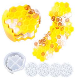 Qinlunuho 1 Set of Honeycomb Coaster Silicone Resin Mold with 4 Pcs Hexagon Shaped Epoxy Silicone Placemat Coasters Casting Molds Tray for Drinking Glasses Coffee Cup, 3D DIY Making Handmade Display Crafts