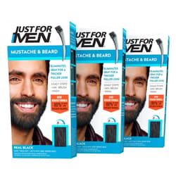 Just For Men Mustache & Beard, Beard Coloring for Gray Hair with Brush, With Keratin Biotin Aloe and Coconut Oil for Healthy Facial Hair - Real Black, M-55, Pack of 3 (Packaging May Vary)
