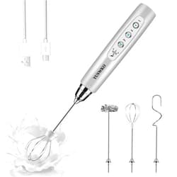 YUSWKO Rechargeable Milk Frother Handheld with 3 Heads, Silver Coffee Electric Whisk Drink Foam Mixer, Mini Hand Stirrer with 3 Speeds Adjustable for Latte, Cappuccino, Hot Chocolate, Egg