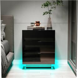 KUTOLAKI Modern Nightstand, LED Night Stand with 3 Drawers, Multi-Colors End Table, High Gloss and Matte Design, Black Nightstand for Any Room, Such As Bedroom Dining Room, Office Playroom