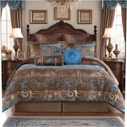 Loom and Mill 9-Piece Queen Comforter Set, Vintage Paisley Jacquard Comforter Sets Queen Size, All Season Soft Bedding Sets with Euro Shams, Bedskirt, Filled Decorative Pillow(Dark Brown+Blue, Queen)