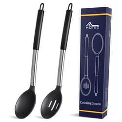HOTEC Heat Resistant Large Silicone Cooking Spoon, Solid Slotted Spoons, Nonstick Kitchen Cookware Utensils, Mixing, Serving, Stiring Large Spoons, Black