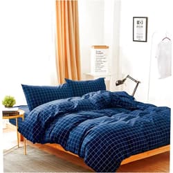 Wake In Cloud - Grid Cotton Duvet Cover Set, Plaid Checkered Geometric Farmhouse, 100% Washed Cotton Textured Percale Bedding Set, 3 Pieces, Navy Blue, Queen Size