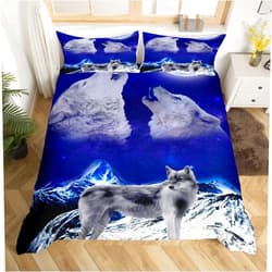 Feelyou Wolf Bedding Set Queen for Kids Boys Men 3D Roaring Wolves Print Bedding Comforter Cover Wildlife Animal Duvet Cover Galaxy Bedspread Cover Personalized Microfiber Blue Moonlight Stars 3 Pcs