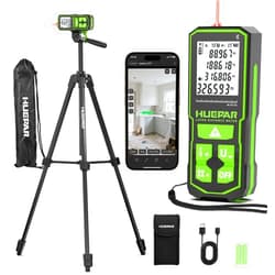 Huepar Laser Distance Measure 395 Feet with 60 Inch Tripod, Huepar Laser Distance Meter with Bluetooth & APP, Angle Sensor, 1/16in Accuracy Rechargeable Laser Measuring Tool, M/in/Ft Unit, Pythagorean Mode