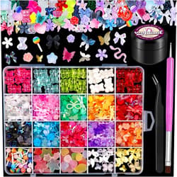 Sinyanail 3D Resin Nail Charms Mix Rabbit Flower Bear Bowknot Metal Alloy Butterfly Nail Charms Gummy Star Heart Lollipop Acrylic Hollow Beads with Nail Charm Glue and Pickup Tools(20 with Glue)
