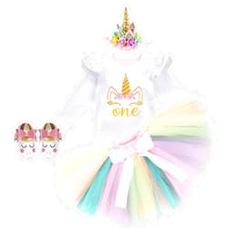 MYRISAM Baby Girls Birthday Cake Smash Unicorn Outfits Princess Romper Bodysuit Rainbow Skirt Unicorn Headband (Shoes)
