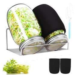 AeKahtay Sprouting Jar Kit, 32 OZ 2 Large Wide Mouth Mason Jars with Sprout Lids, Premium Canning Lids, Blackout Sleeves, Tray,Stand & Canning Brush - Sprouting Kit for Growing Broccoli, Mung Bean, Alfalfa