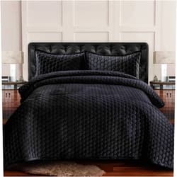 Tribeca Living Velvet Twin Quilt Set - Two-Piece Honeycomb Stitch Bedding, Super Soft 260GSM Velvet, Oversized Quilt and One Sham Pillowcase, Steel Grey