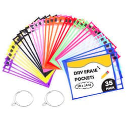 Puroma 35 Pack Dry-Erase Pockets Reusable Plastic Sleeves Assorted Colors Waterproof Pocket with 2 Rings for Classroom, School, Office, Home - Colorful