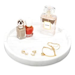 WORHE Natural Marble Decorative Tray, Bathroom Bedroom Kitchen Dresser, Round Vanity Tray for Perfume, Cosmetic, Candle, Countertop Storage Organizer Home Décor Color White (TP601)