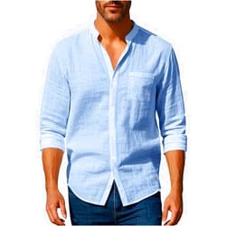 LIZALIG Men's Linen Blend Casual Shirt Long-Sleeve Solid-Color Button-Down Henley Shirts for Vacation and Business