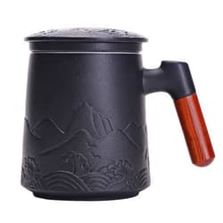 Manocucol Tea Cup with Infuser and Lid, Microwave Safe Mug Handle Ceramic for Warm Hot Water Quality Drinker With Lid Gradient Embossed Large Wooden Steeping Loose Leaf Lover 17 Oz / 500ml (Black)