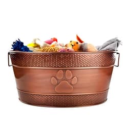 BREKX Metal Indestructible Dog Toy Bin - 25-Quart Chew-Proof Storage Bin with Handles, Organizer Storage Basket for Dog Toys, Blankets, Leashes - Pawprint Design Home Decor (Copper)