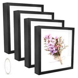 IWOLOMI 4 Pack 8 x 8 Shadow Box Picture Frame 3D Frames Shadow Box Square Shadow Boxes Display Cases with Adhesive Tape for Baby Items Wedding Memories Crafts Awards Medals Tickets and Photos (Black)