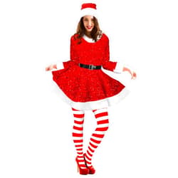 Geyoga Santa Claus Costume Set Velvet Dress with Belt Women's Xmas Striped Tights Santa Hat Set Dress Cosplay