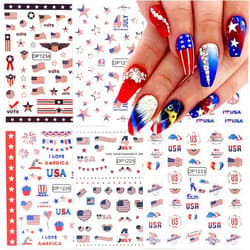 LRKNNO 6 Sheets 4th of July Nail Art Stickers, American Flag Patriotic Independence Day Nail Decals USA Flags 3D Self-Adhesive Heart Star Design America Holiday Nail Stickers for Memorial Day DIY Nail Decor
