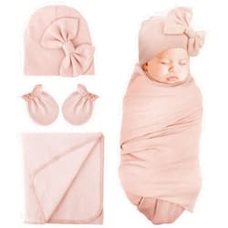 DRESHOW BQUBO Newborn Receiving Blanket Bow Hat Gloves Set Cotton Warm Baby Swaddle Blanket Wrap Baby Sleep Sack Shower Gift