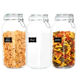 Vtopmart 78oz Glass Food Storage Jars with Airtight Clamp Lids, 3 Pack Large Kitchen Canisters for Flour, Cereal, Coffee, Pasta and Canning, Square Mason Jars with 8 Chalkboard Labels