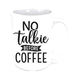 Grubby Garb No Talkie Before Coffee - Funny Morning 15oz Deluxe Double-Sided Coffee Tea Mug, White