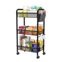 Simple Trending 3 Tier Rolling Storage Cart on Wheels, Utility Organizer Shelves with Box and Hooks for Kitchen Bathroom, Metal Mesh Black