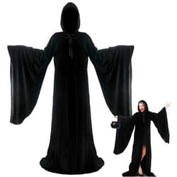 Tarpop 63 Inch Black Velvet Wizard Robe Witch Cloak for Women Renaissance Long Halloween Hooded Black Cape for Men Halloween Cosplay Costume