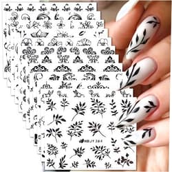 Namrec 12 Sheets Black Nail Art Stickers 3D Self Adhesive Black Flower Nail Stickers for Nail Art Lace Leaf Nail Decals Black Retro Nail Design Decoration Accessories for Women and Girls