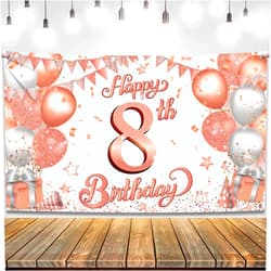 KatchOn, Happy 8th Birthday Banner - Large 72 x 44 Inch | Rose Gold Happy 8th Birthday Backdrop for Girls | Happy 8th Birthday Decorations for Girls | 8 Year Old Girl 8th Birthday Party Decorations